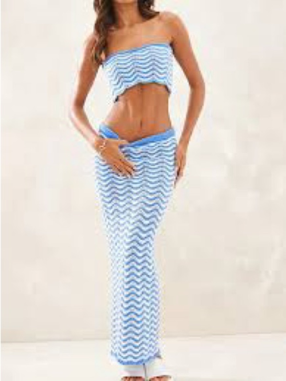 Blue & White Chevron Strapless Two-Piece Maxi Set